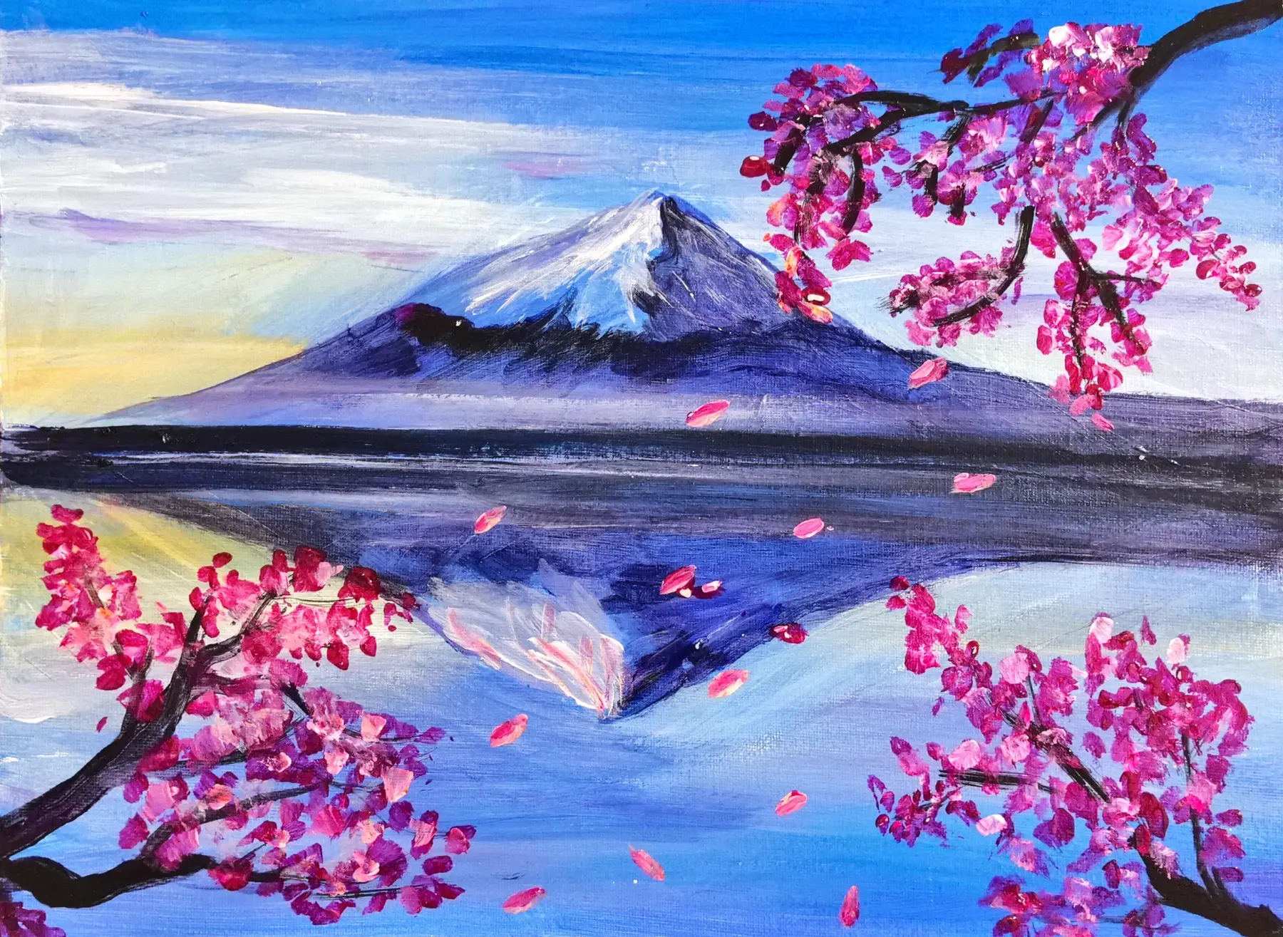 富士櫻景，描繪富士山、倒影和櫻花的混合媒介作品